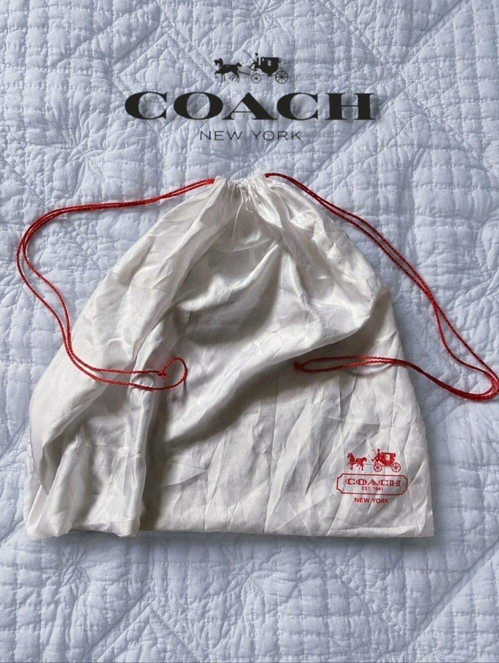 Coach White Drawstring Dust Bag with Red Logo and Red Cord